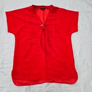 Essentials Red Tie Front V-neck Short Sleeve Blouse Top Shirt